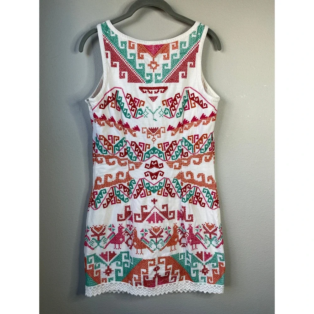 Free People Mini Dress White Embroidered Linen Blend Lace Up Sleeveless 8
